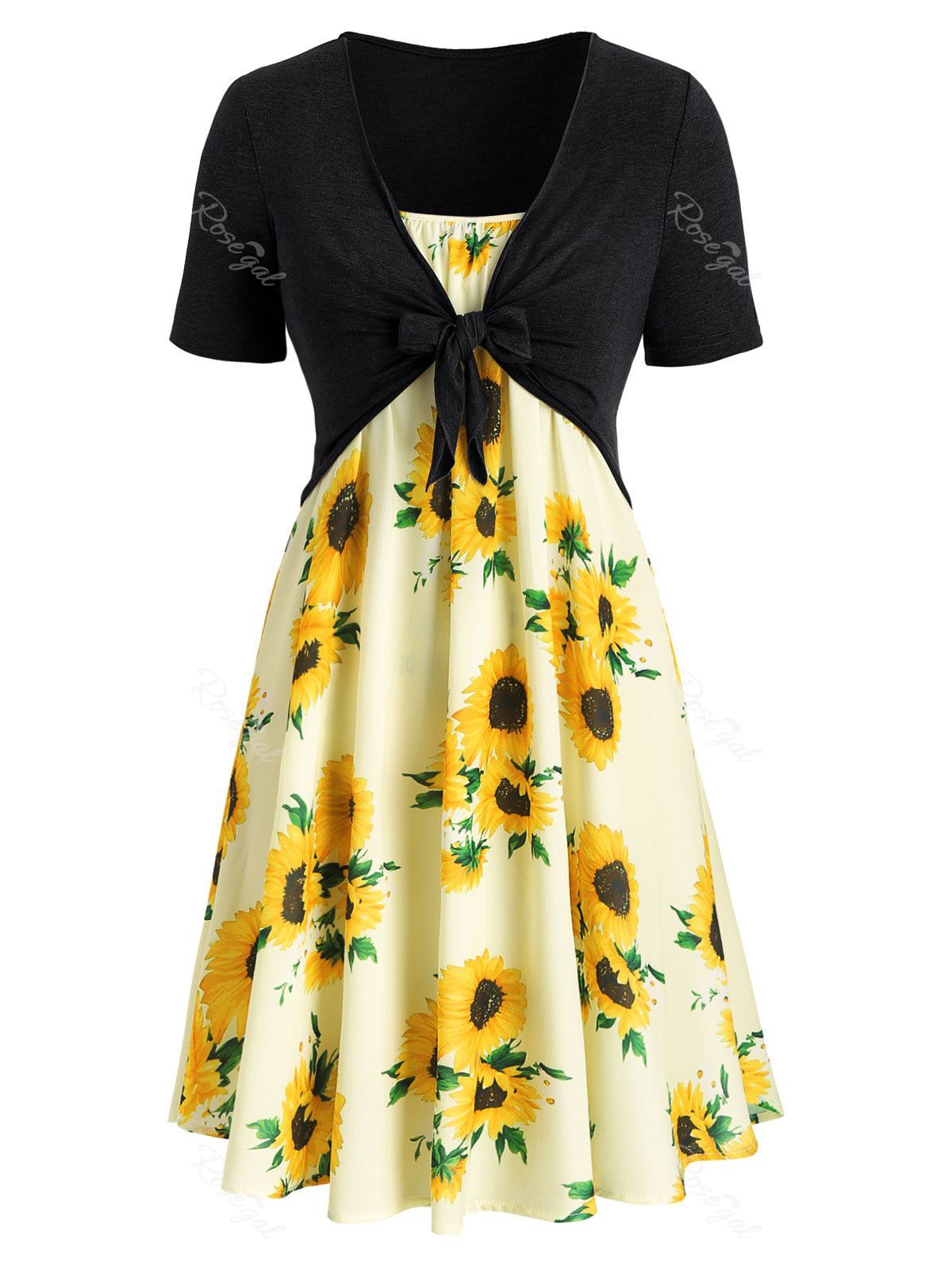 

Plus Size Sunflower Print Knotted Two Piece Dress, Multi-d