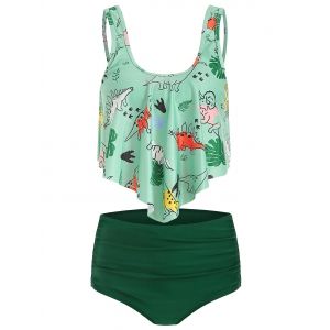 

Dinosaur Print Ruffle Tankini Set, Green