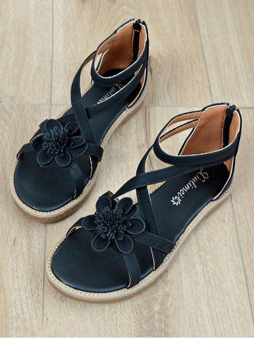 

Summer Cross Strap Flower Pattern Zipper Sandals, Black