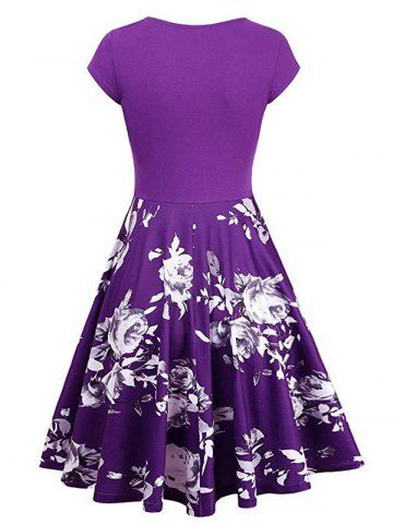 

V Neck Floral Print Vintage Surplice Dress, Purple