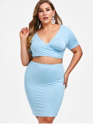 

Rosegal Plus Size Surplice Tee and High Rise Skirt Set, Light sky blue