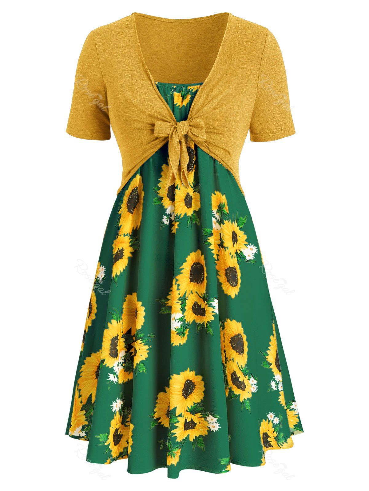 

Plus Size Sunflower Print Knotted Two Piece Dress, Multi-i