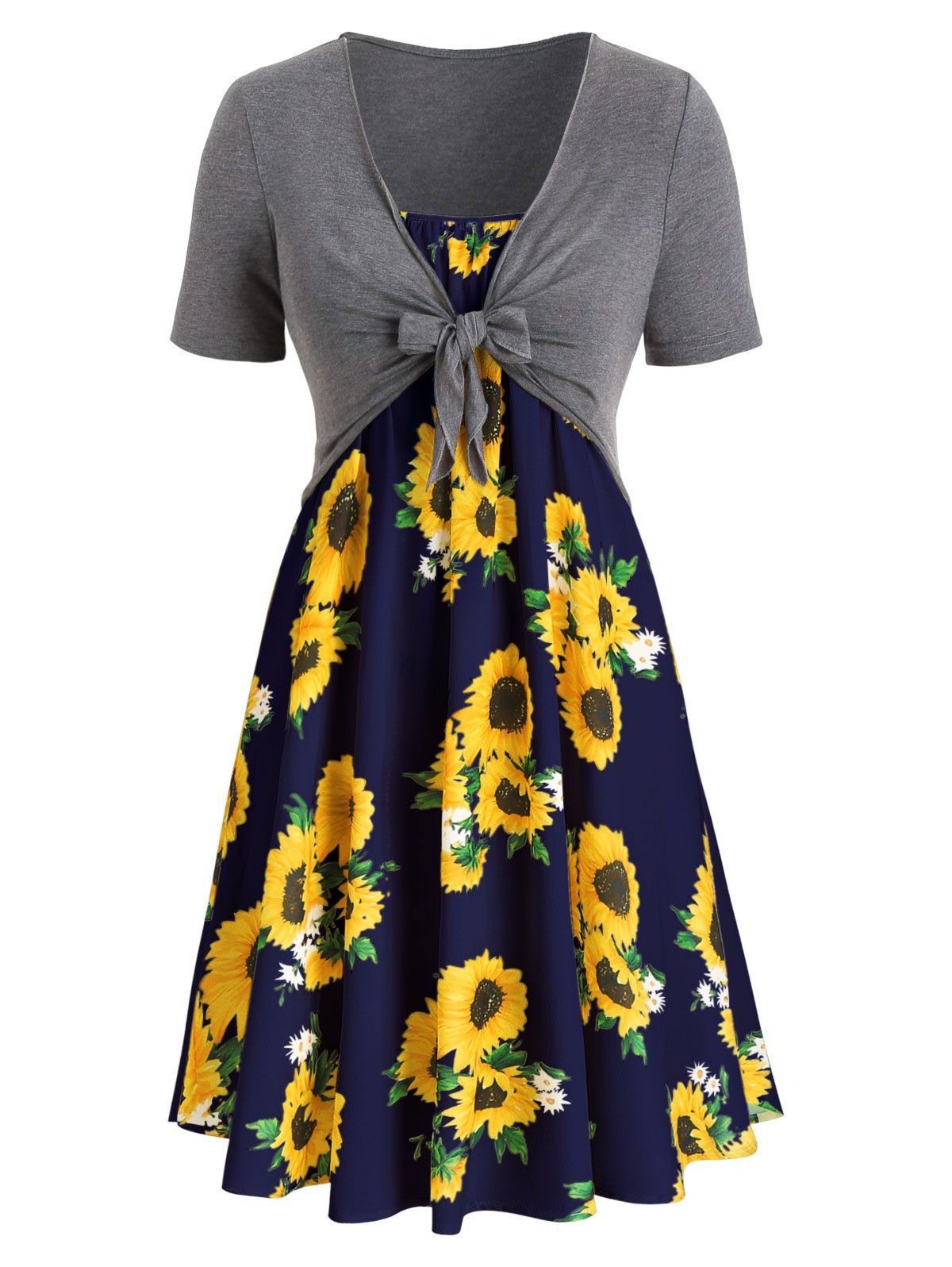 

Plus Size Sunflower Print Knotted Two Piece Dress, Multi-h