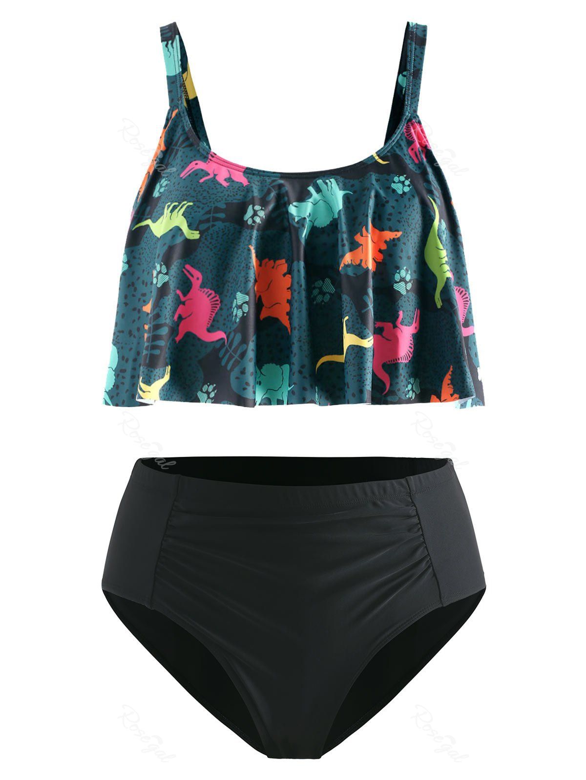 

Plus Size Ruffled Dinosaur Print Ruched Bikini Set, Multi