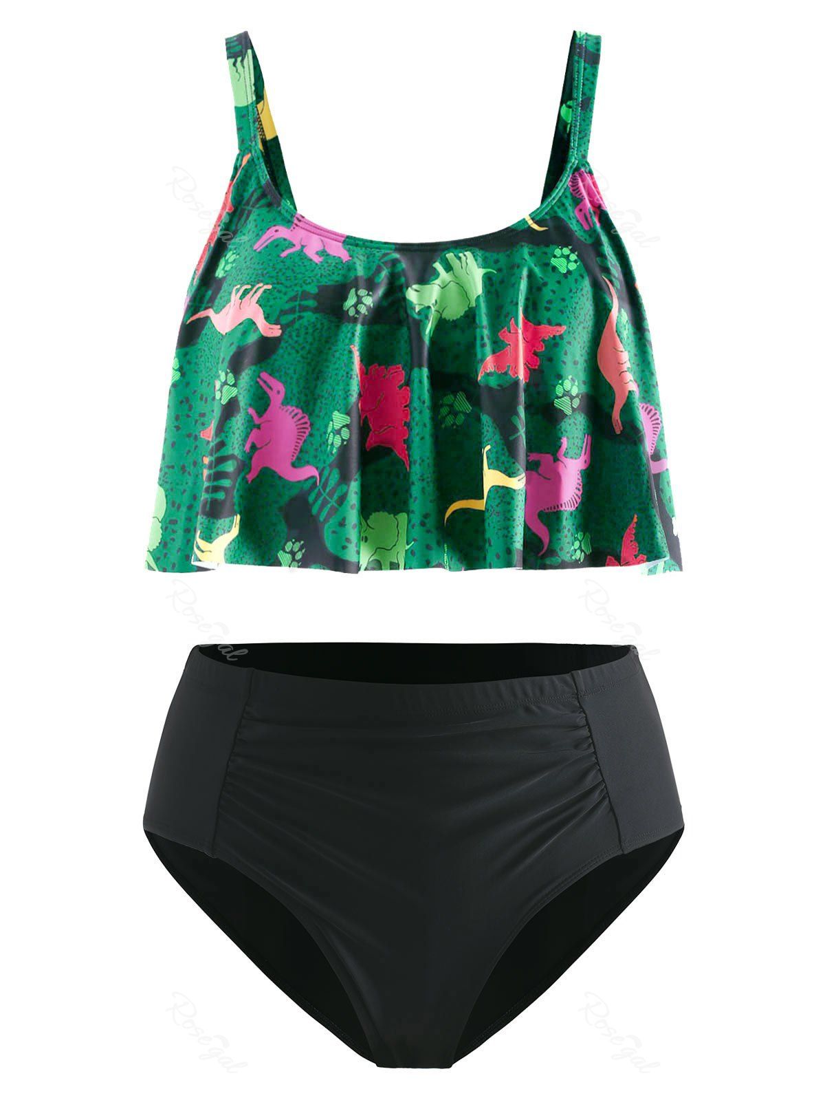 

Plus Size Ruffled Dinosaur Print Ruched Bikini Set, Multi-b