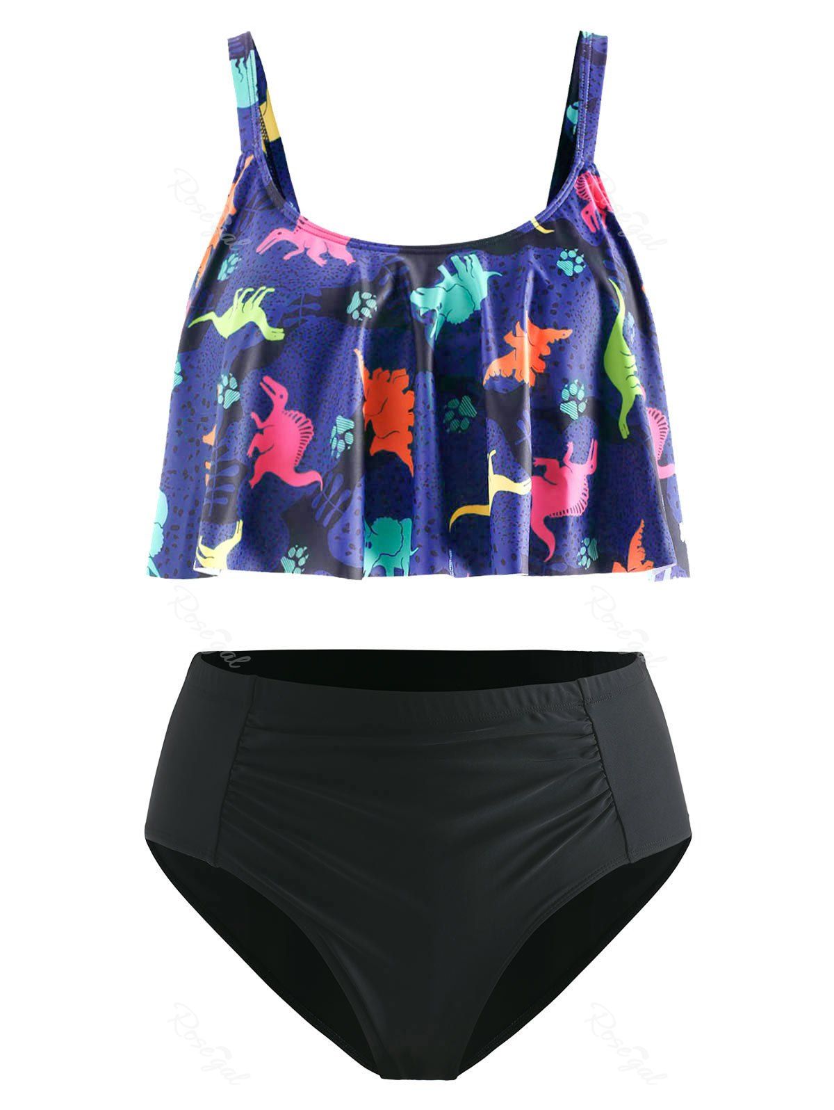 

Plus Size Ruffled Dinosaur Print Ruched Bikini Set, Multi-a