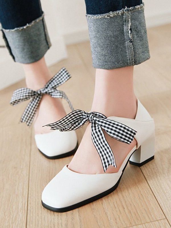 Sweet Plaid Bow Chunky Heel Sandals 30 Off Rosegal