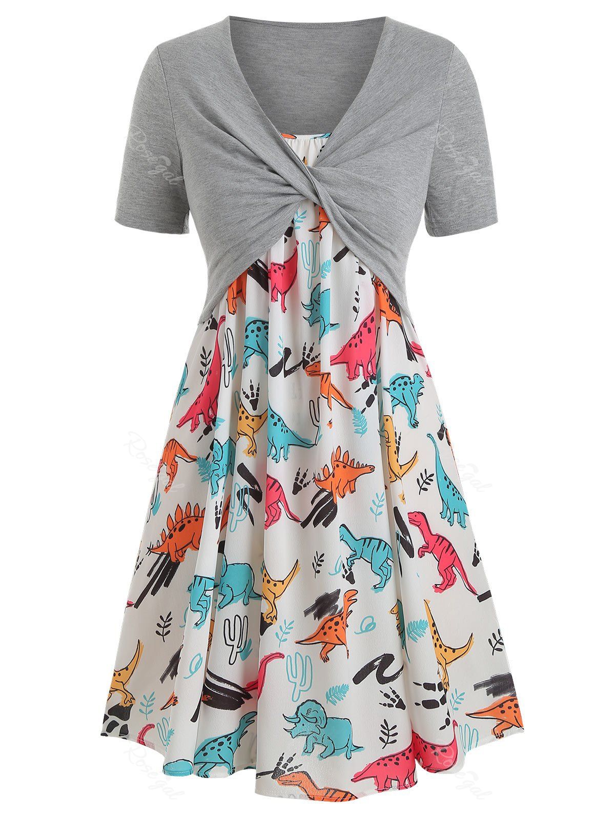 Store Plus Size Dinosaur Print Twist Two Piece Dress  