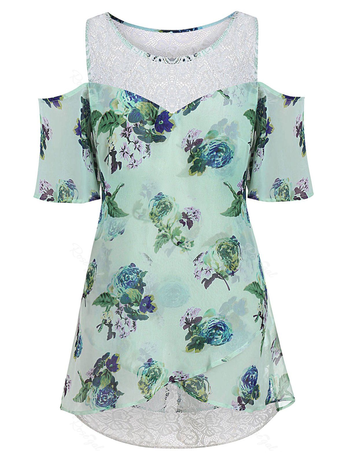 

Plus Size Lace Panel Floral Cold Shoulder Blouse, Pale blue lily