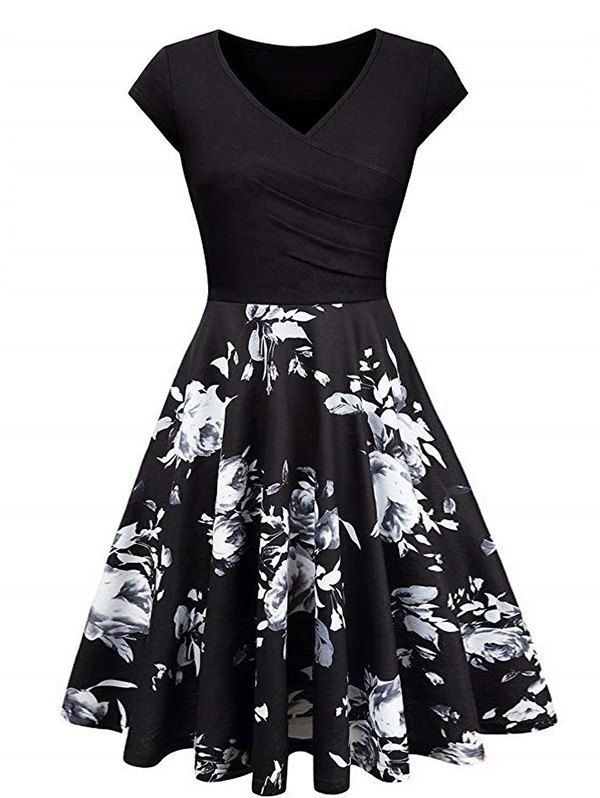 

V Neck Floral Print Vintage Surplice Dress, Black