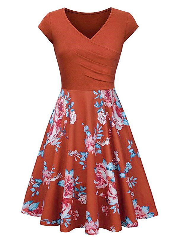 

V Neck Floral Print Vintage Surplice Dress, Pumpkin orange