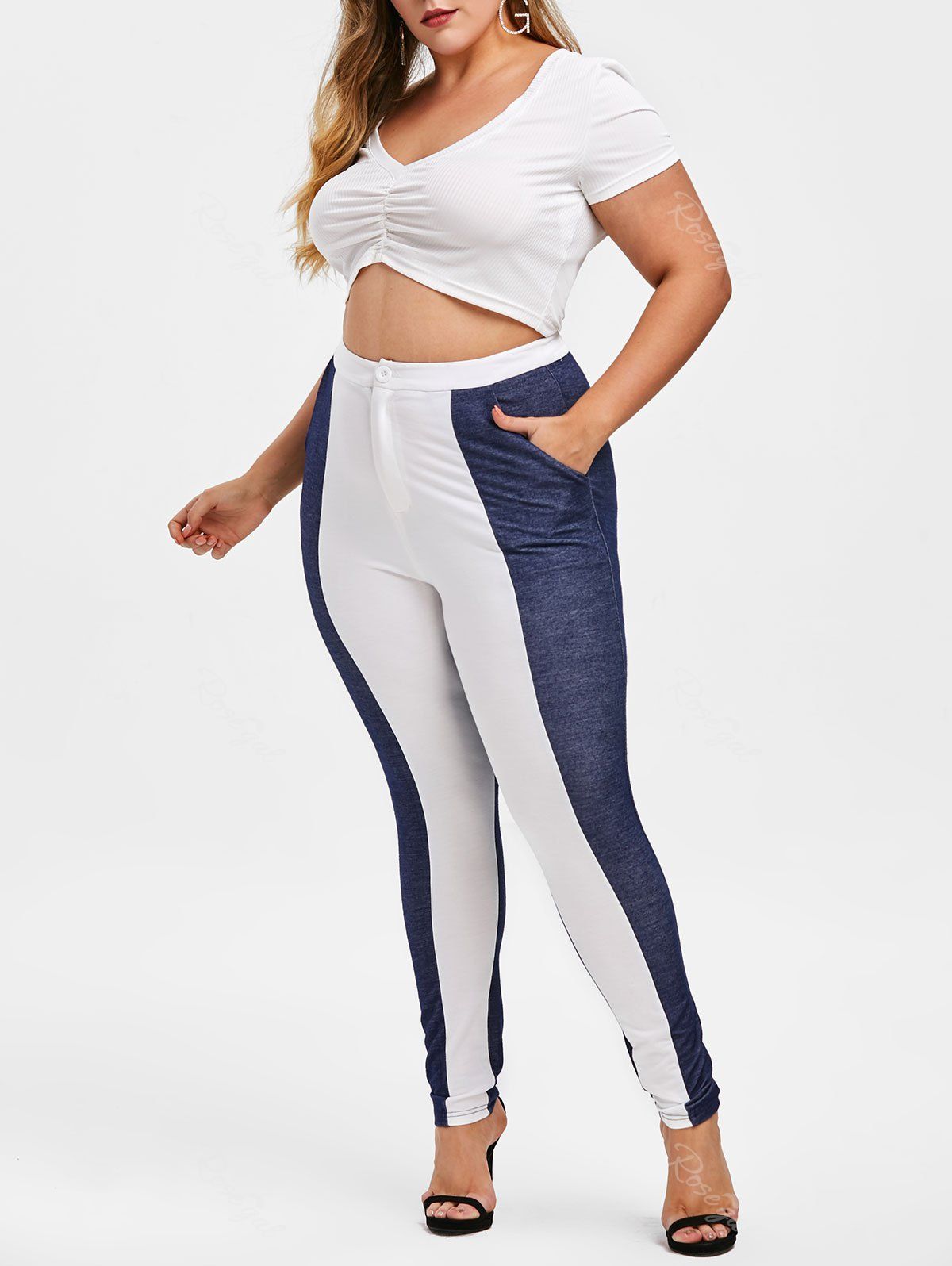 

Rosegal Plus Size Color Block Chambray Pants, White