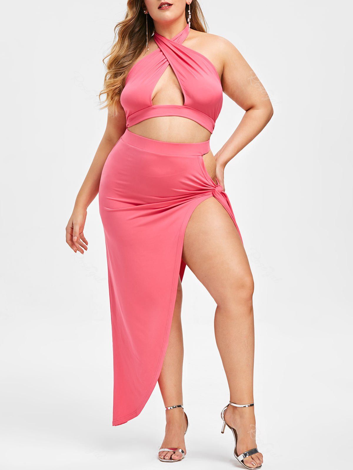 

Rosegal Plus Size Halter Keyhole Top and Asymmetric Skirt Set, Hot pink