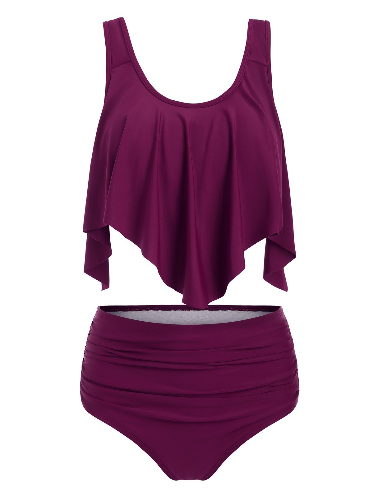 

Flounces Layered Solid Tankini Set, Plum velvet