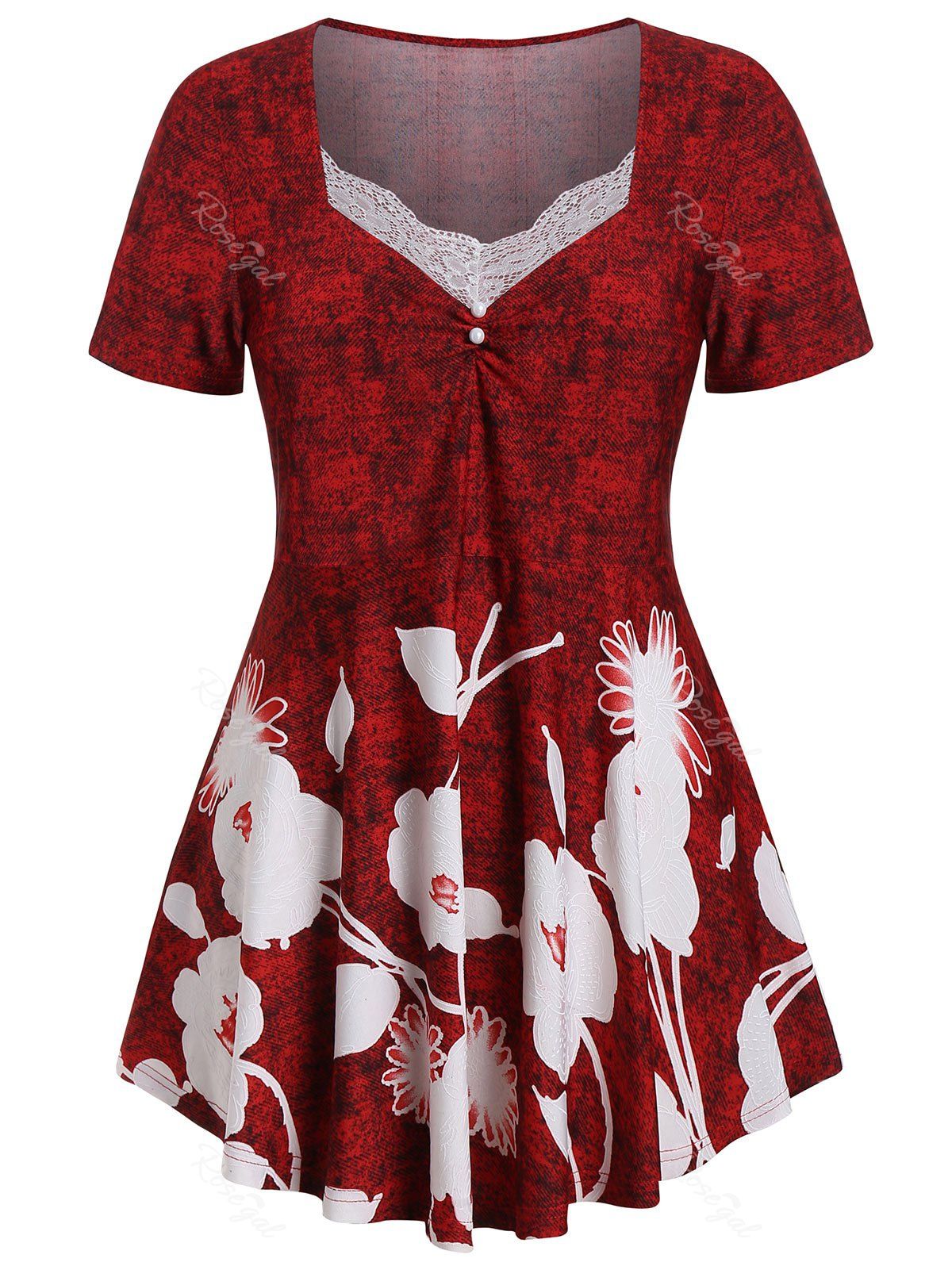 

Plus Size Floral Marled T-shirt, Red wine