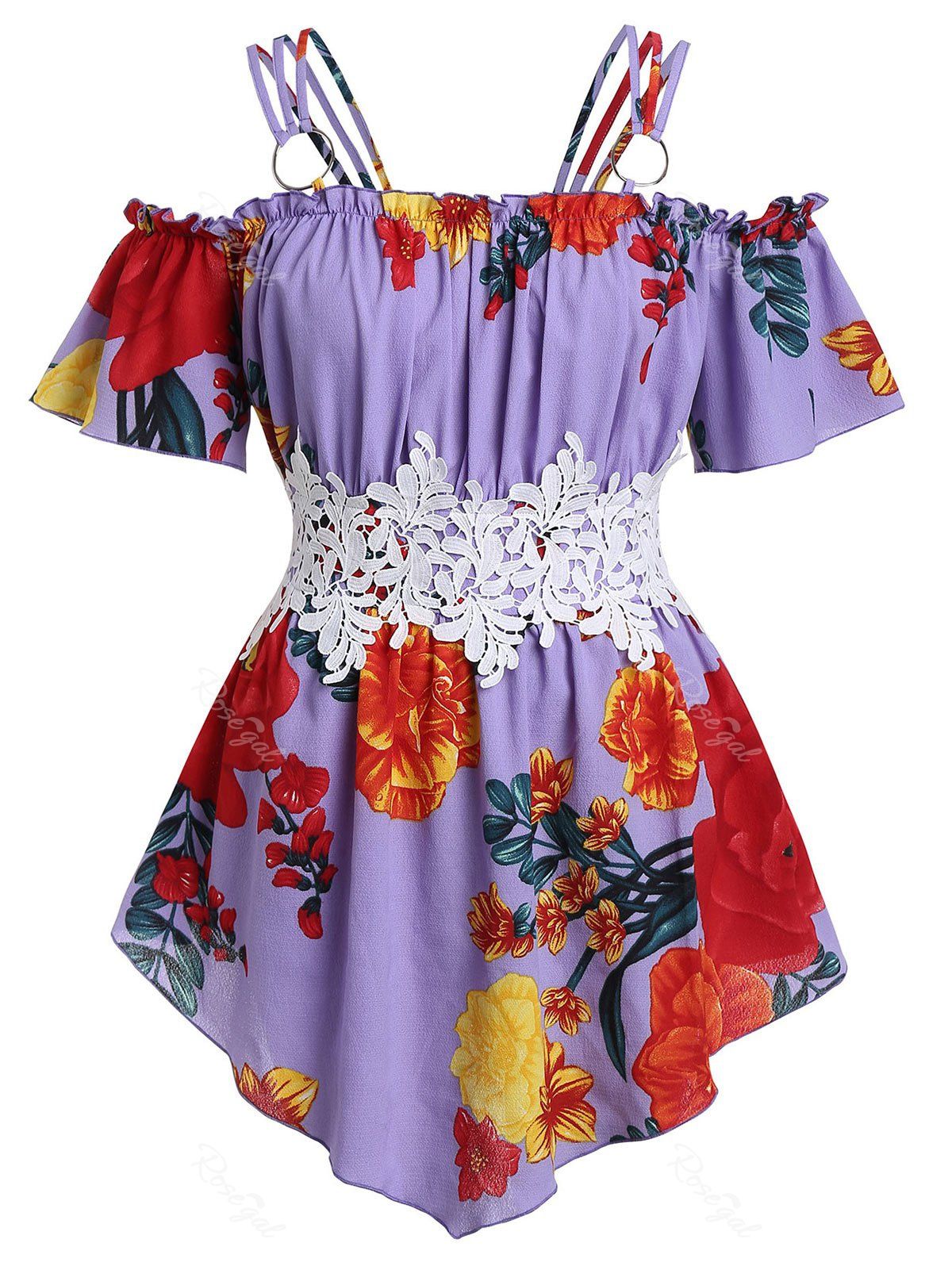 

Plus Size Floral Cold Shoulder Asymmetrical T-shirt, Purple mimosa