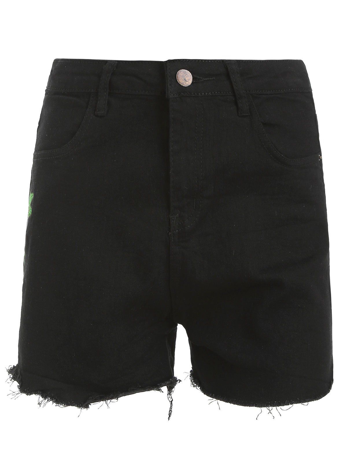 

Frayed Hem Floral Embroidered Jean Shorts, Black