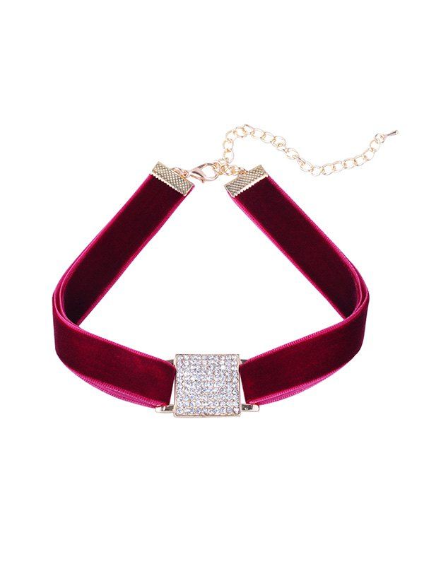 Rhinestone Square Choker Necklace, Red wine