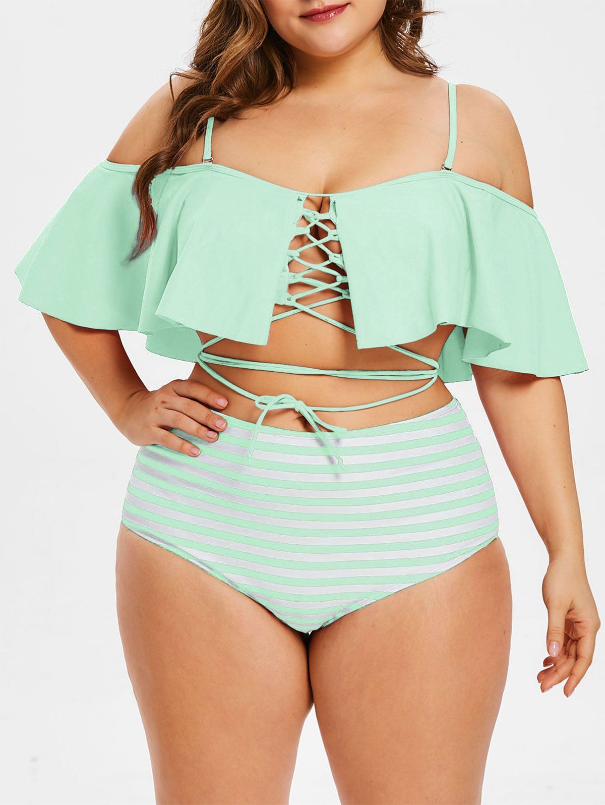 

Lace Up Plus Size Striped Panel Bikini Set, Pale blue lily