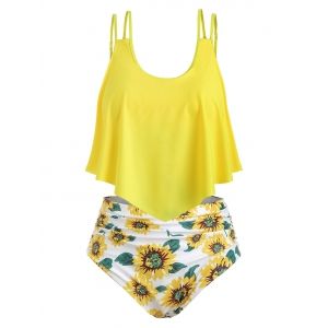 

Contrast Overlay Sunflower Plus Size Tankini Set, Yellow