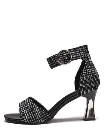 

Plaid Print Metal Buckle Chunky Heel Sandals, Black