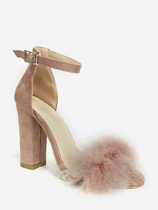 

Plush Ball Decoration Chunky Heel Sandals, Light pink