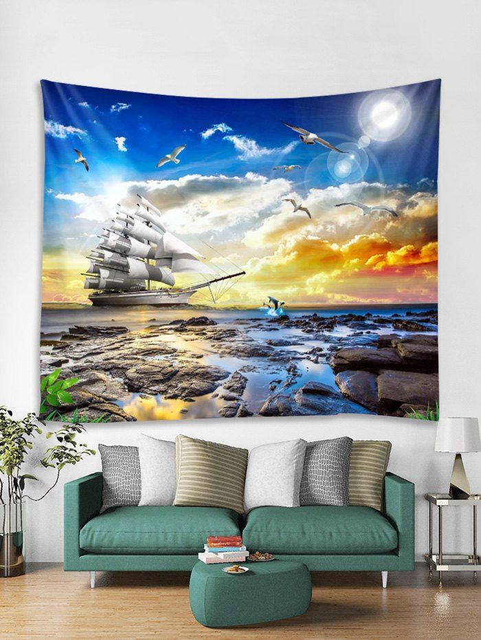 

Sailboat Scenery Print Wall Decor Tapestry, Ocean blue