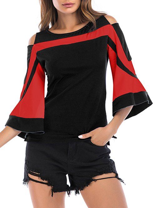 

Two Tone Bell Sleeve Open Shoulder Tee, Black