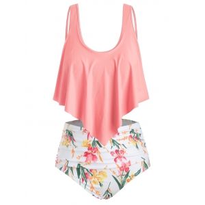 

Flounce Floral Ruched Plus Size Bikini Set, Light coral