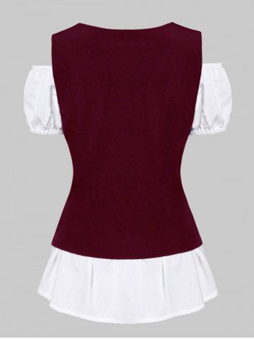 

A Line Blouse and Lace-up Waistcoat Set, Red wine