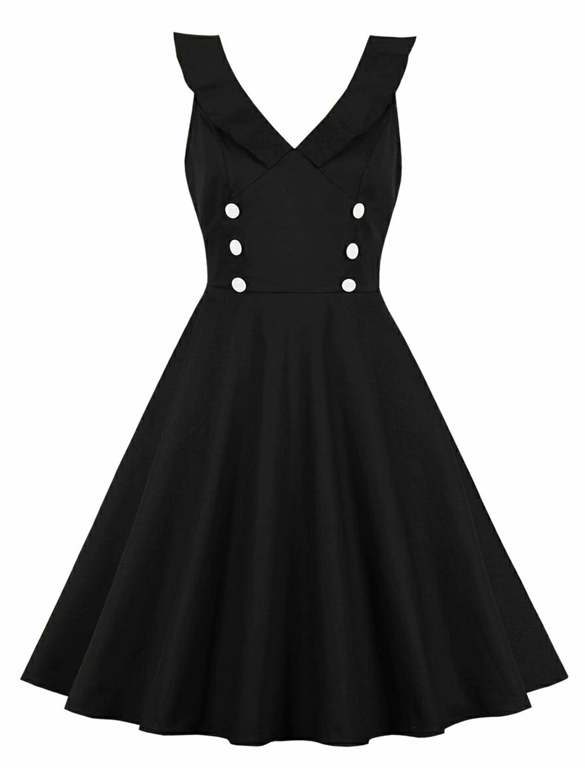 

V Neck Ruffle Button Vintage Dress, Black