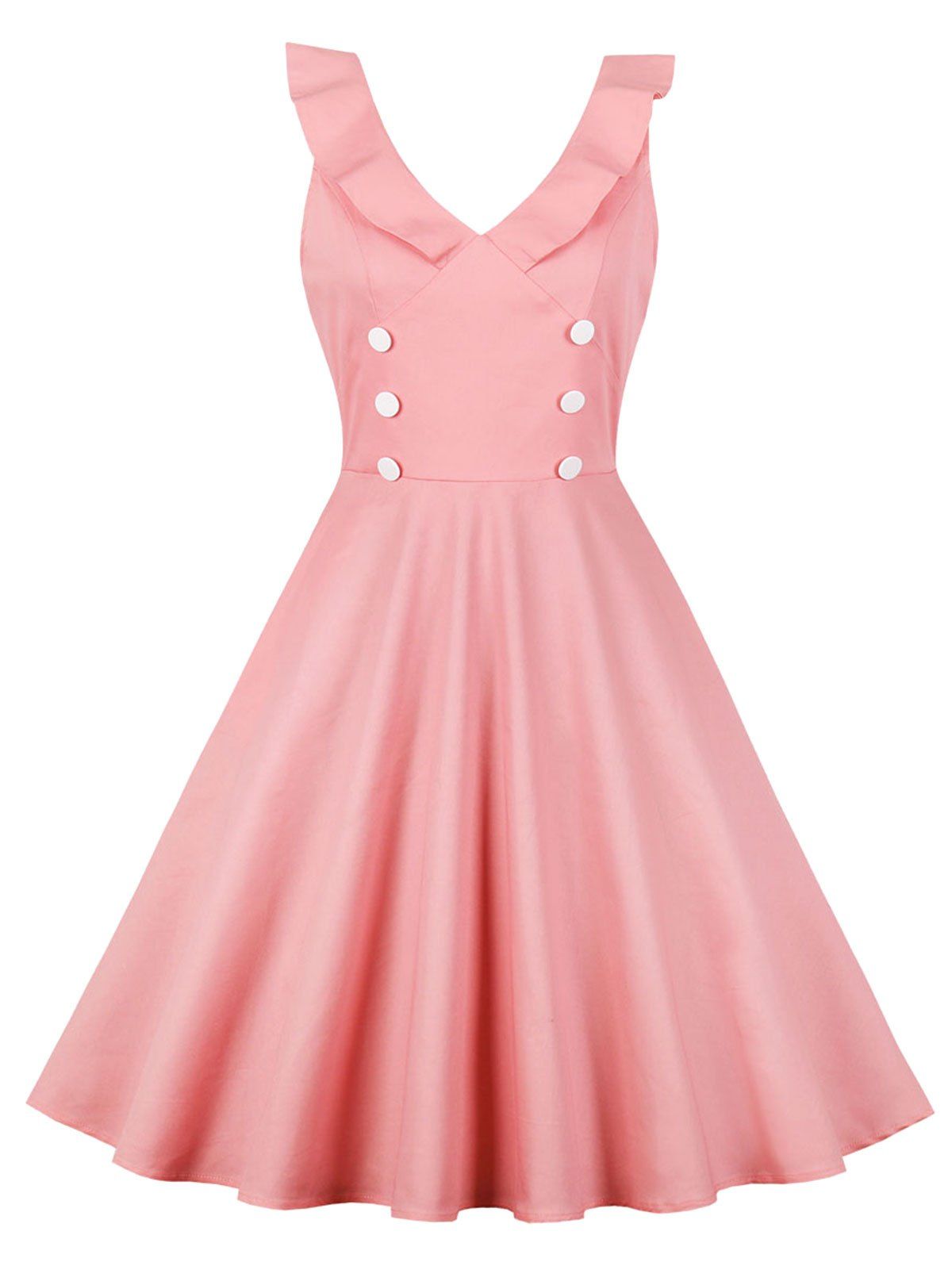 

V Neck Ruffle Button Vintage Dress, Pink
