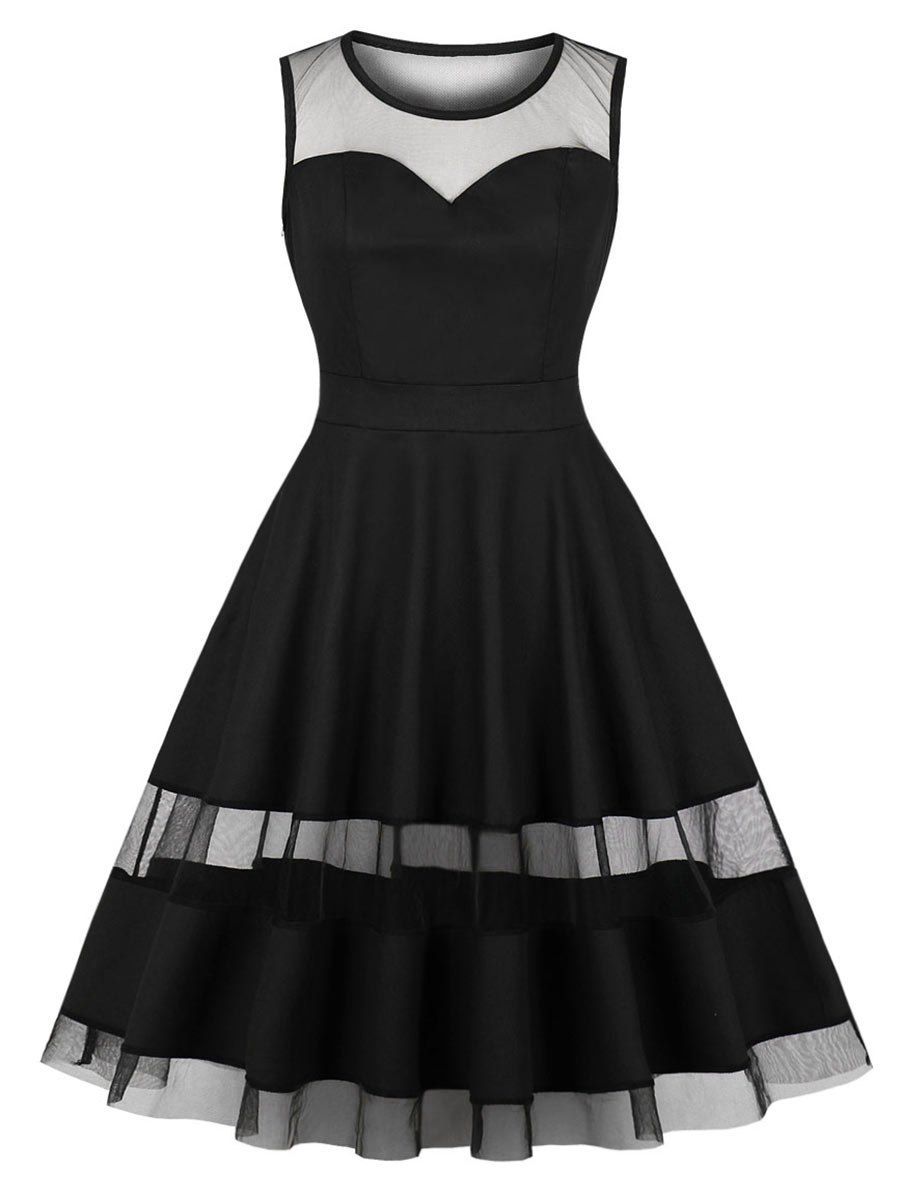 

Sheer Mesh Panel Sleeveless Dress, Black