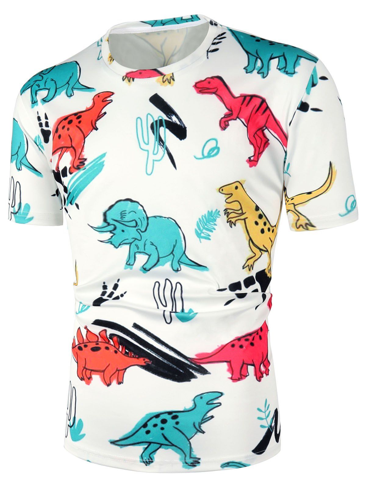 

Cartoon Dinosaur Print Short Sleeve T Shirts, White