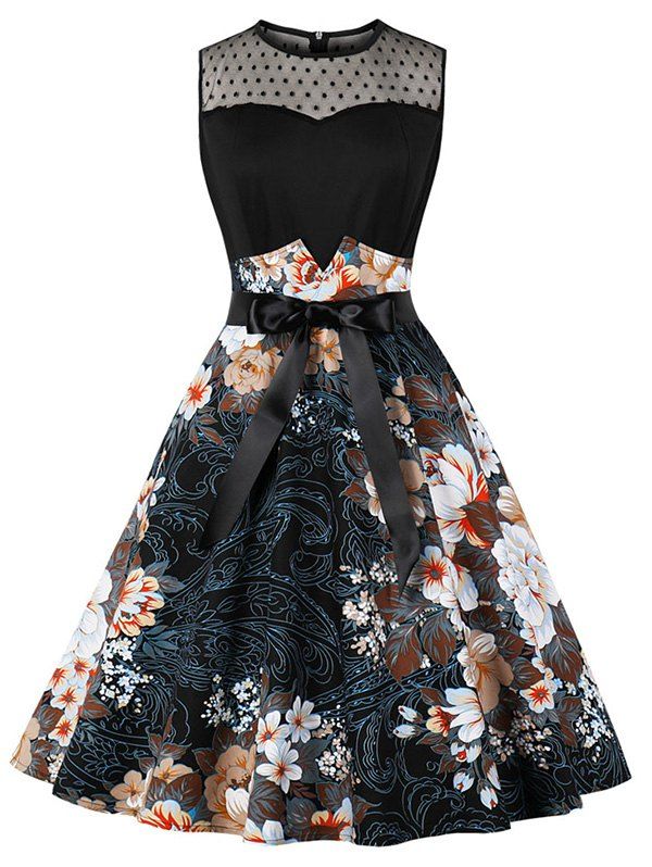 

Floral Dotted Mesh Panel Vintage Dress, Black