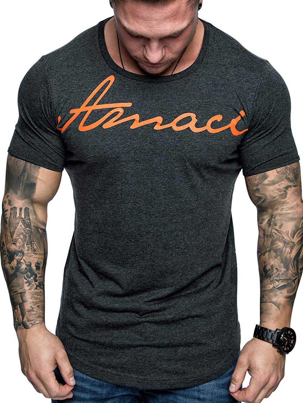 

Letter Print Round Neck Leisure T-shirt, Gray