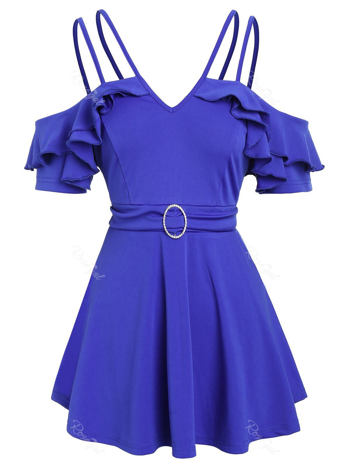 

Plus Size Spaghetti Strap Solid Ruffle T Shirt, Cobalt blue
