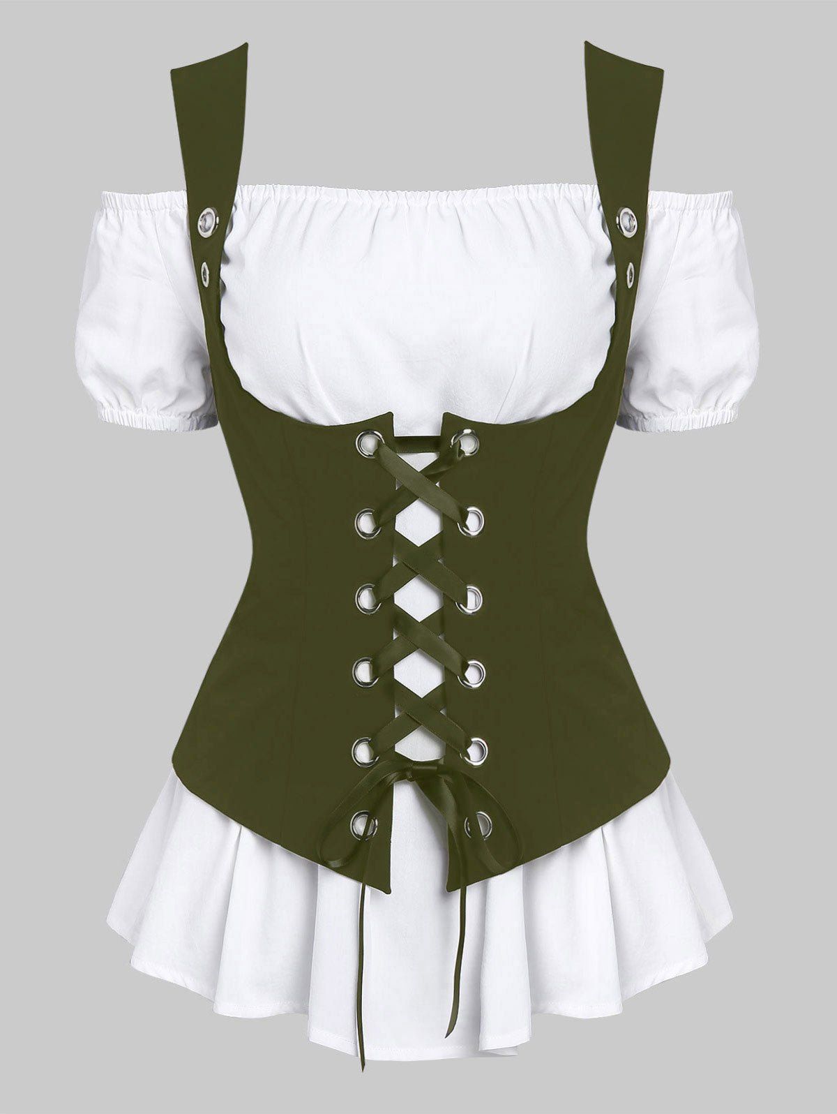 

A Line Blouse and Lace-up Waistcoat Set, Army green