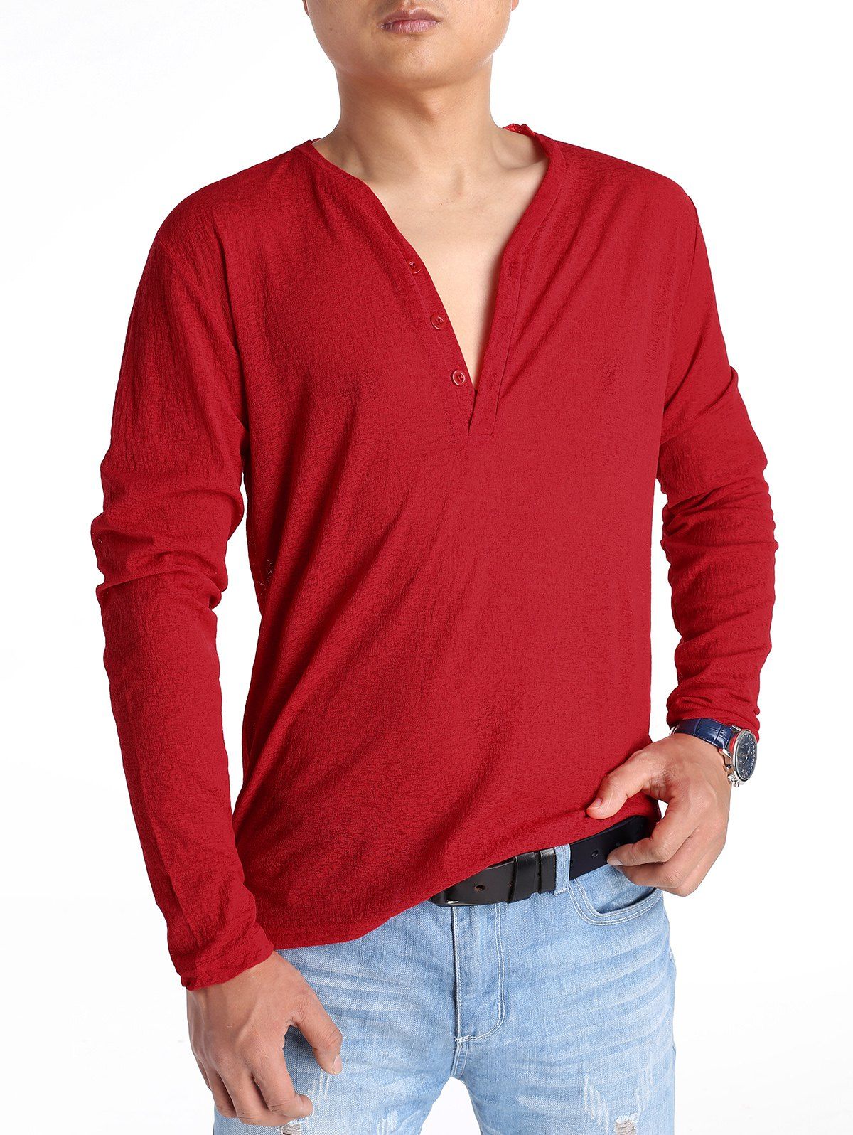 

V Neck Henley Long Sleeve T Shirt, Red