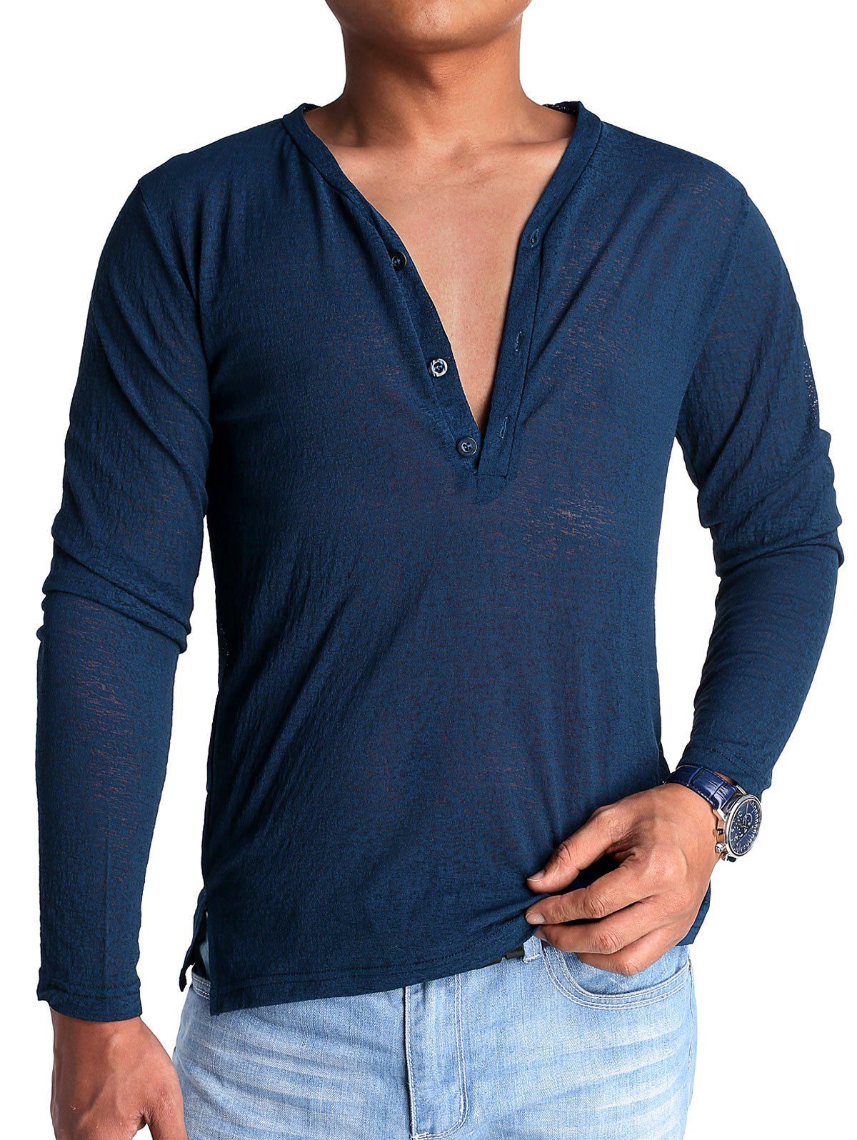 

V Neck Henley Long Sleeve T Shirt, Cadetblue
