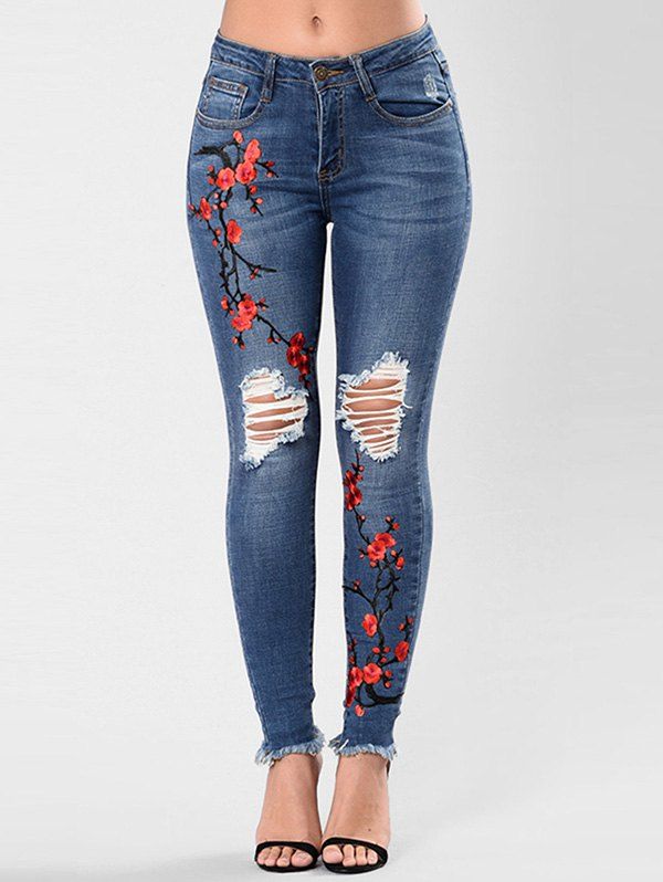 

Ripped Flower Embroidered Skinny Jeans, Deep blue