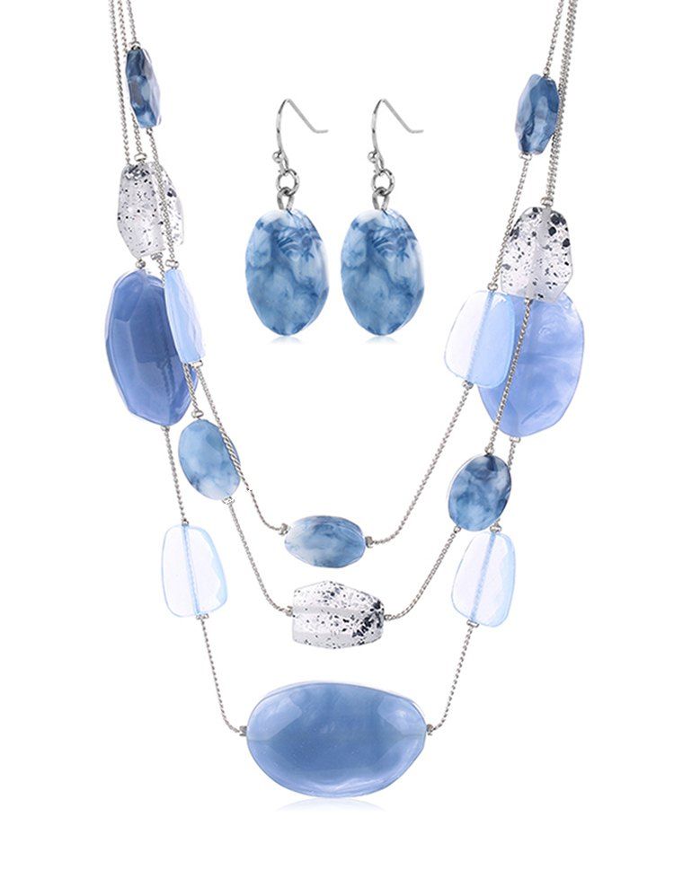 

Irregular Shape Artificial Gem Necklace and Earrings, Blue