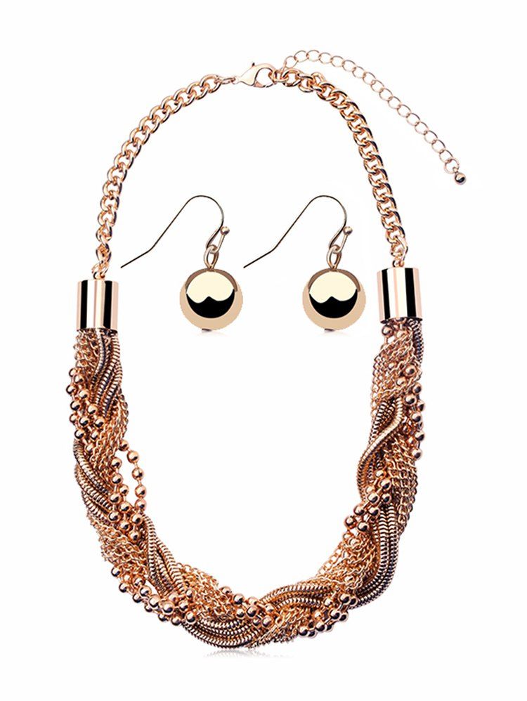 

Beaded Layered Chain Necklace and Hook Earrings Set, Rose gold