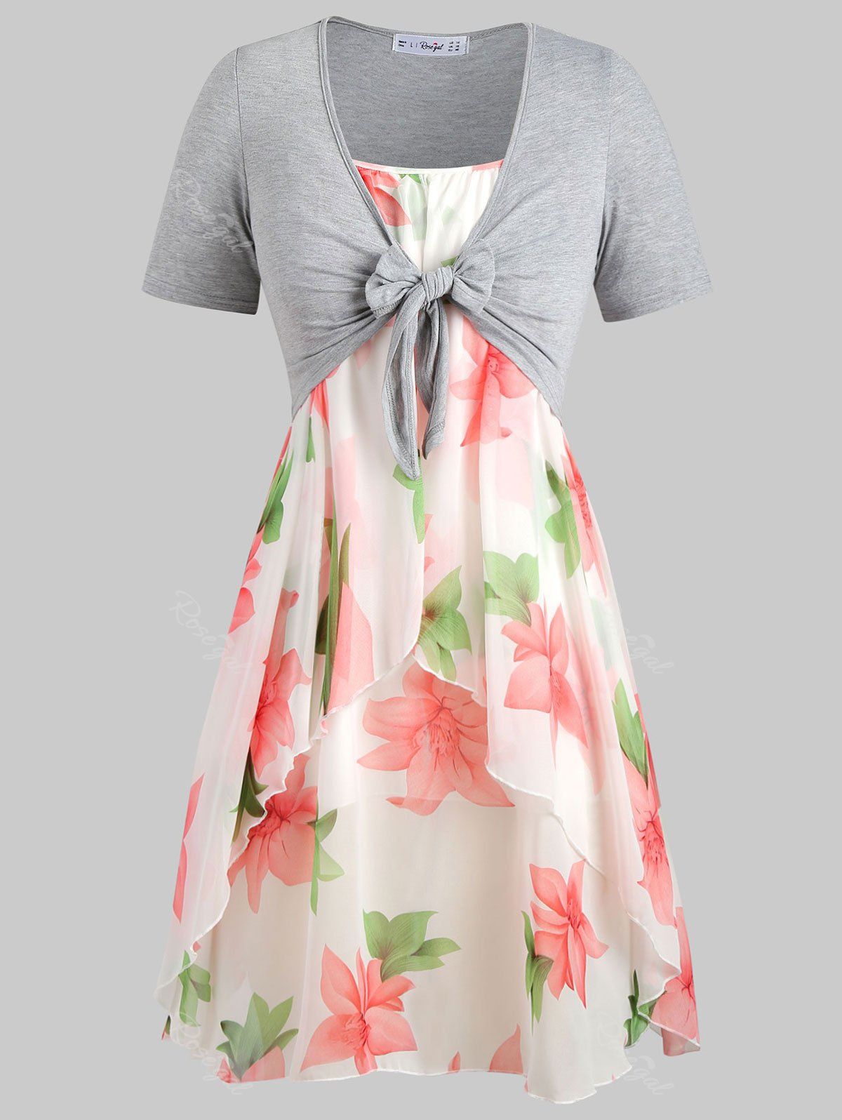 

Plus Size Knot Top and Floral Cami Dress, Gray
