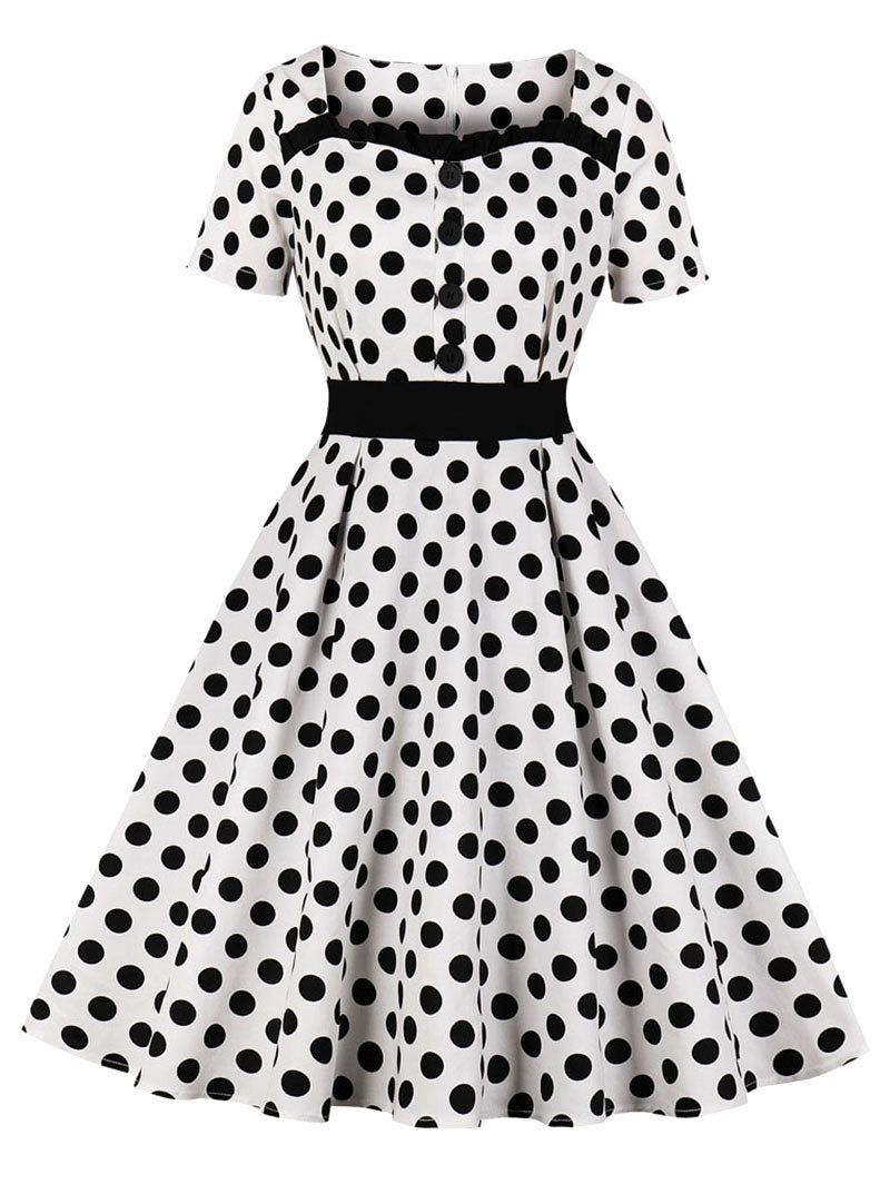 

Polka Dot Frilled Button Retro Dress, White