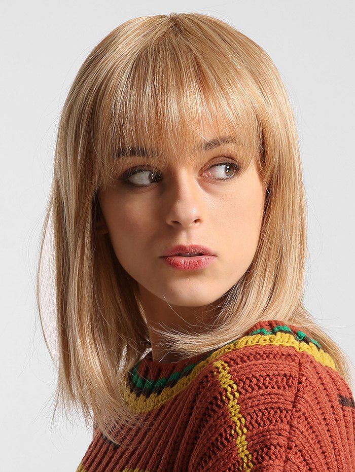 

Neat Bang Medium Straight Human Hair Wig, Blonde
