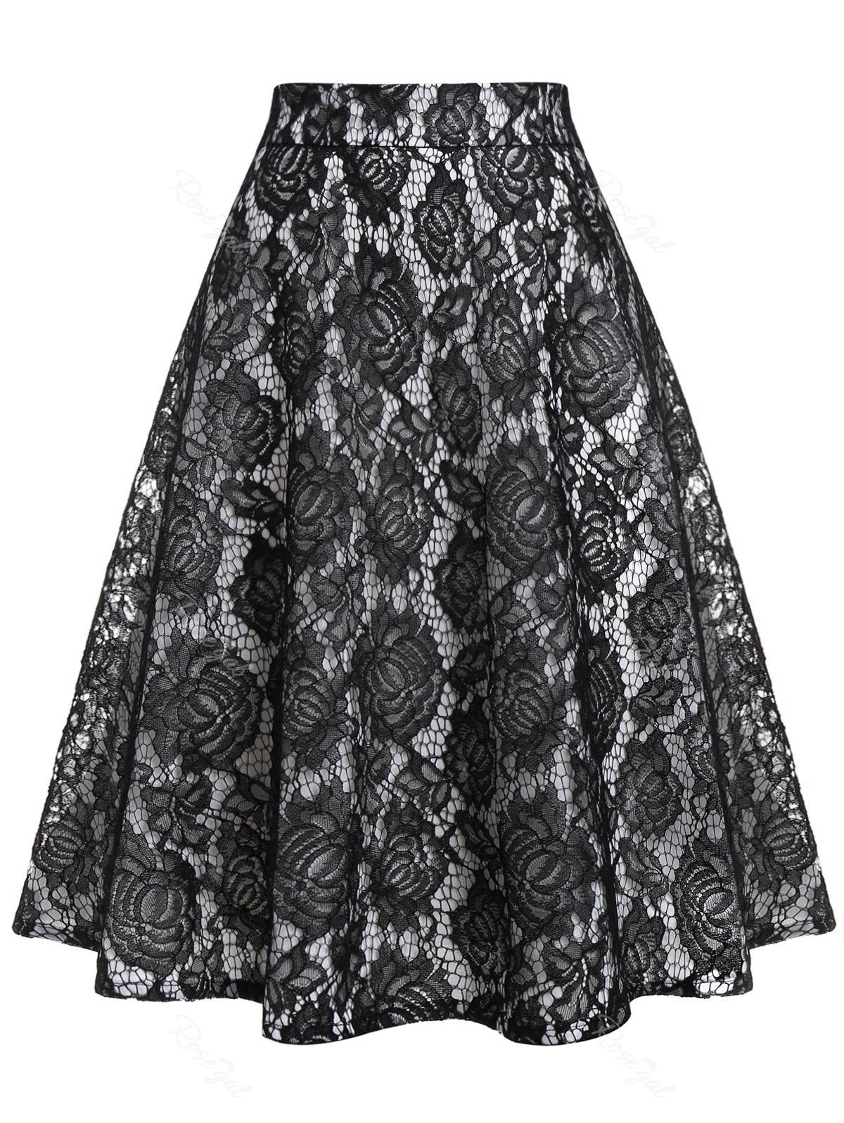 

Plus Size Lace Panel Contrast A Line Skirt, Black