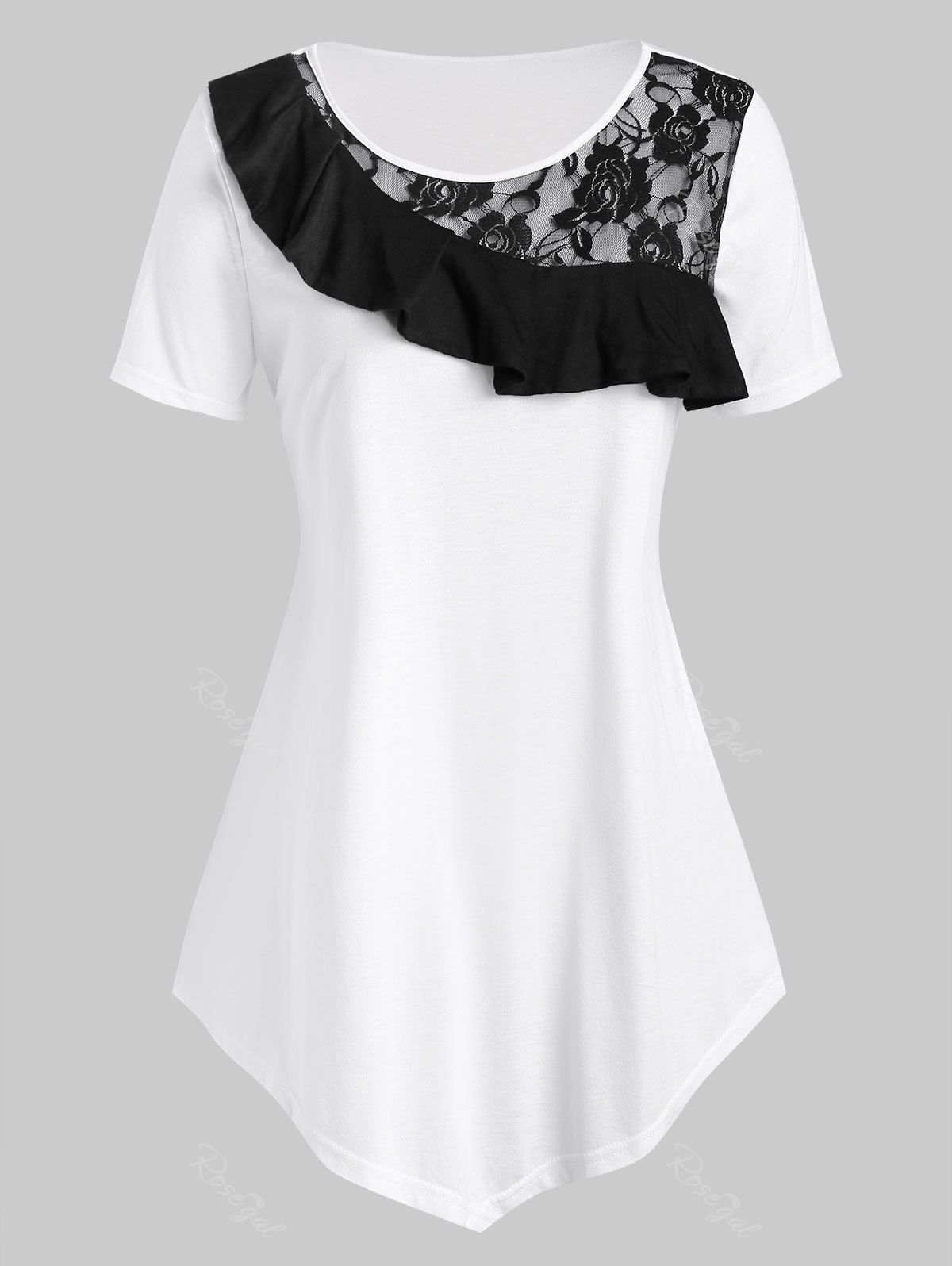 

Lace Panel Ruffle Plus Size T-shirt, White