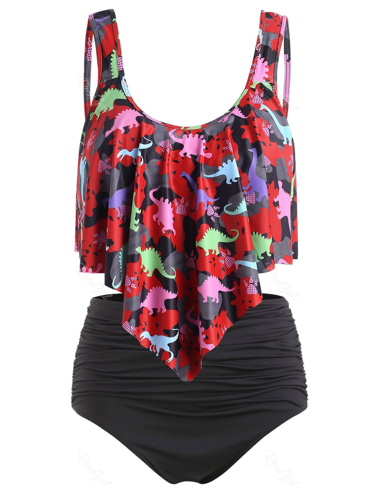 

Plus Size Ruffled Dinosaur Print Bikini Set, Lava red