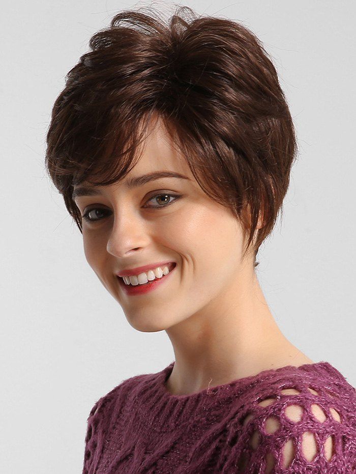 

Human Hair Short Straight Side Bang Wig, Brown